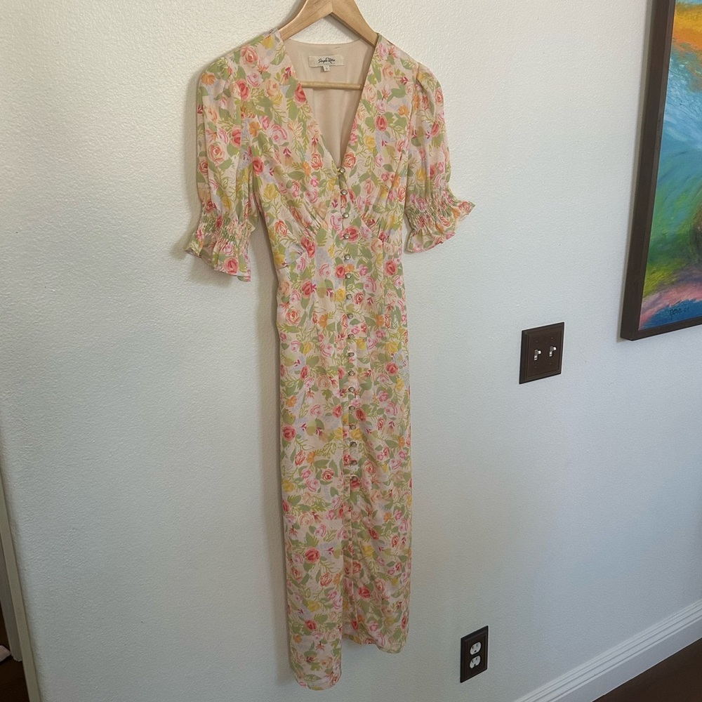 Romantic Floral Midi Dress in Pink and Cream